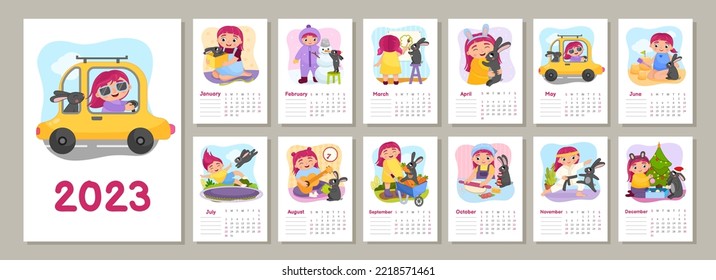 Vector vertical calendar new year 2023. Cartoon cute illustrations of girl and black rabbit. Symbol of the Chinese New Year. Week starts on sunday
