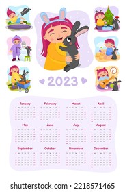 Vector vertical calendar new year 2023. Cartoon cute illustrations of girl and black rabbit. Symbol of the Chinese New Year.
