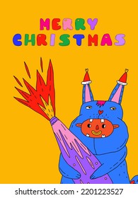 vector vertical card for christmas 2023.1970 psychedelic bunny with champagne.merry christmas text poster.A man in a rabbit costume at a carnival party.Modern naive art.Greeting vibrant postcard