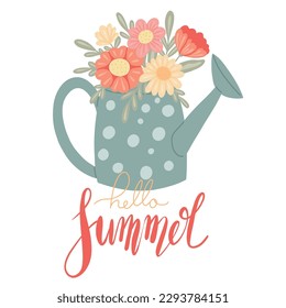 Vector vertical card with flat hand drawn illustration of a garden watering can and lush poppies bouquet with lettering. Slogan hello summer. Floral  banner with quote