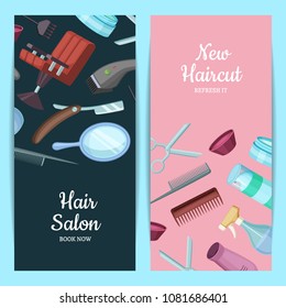 Vector vertical card or flyer illustration with hairdresser or barber cartoon elements