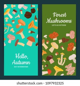 Vector vertical card or flyer illustration with cartoon colored mushrooms