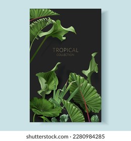 Vector vertical card with green tropical leaves on black background. Luxury exotic botanical design for cosmetics, wedding invitation, summer banner, perfume, beauty, travel, packaging design