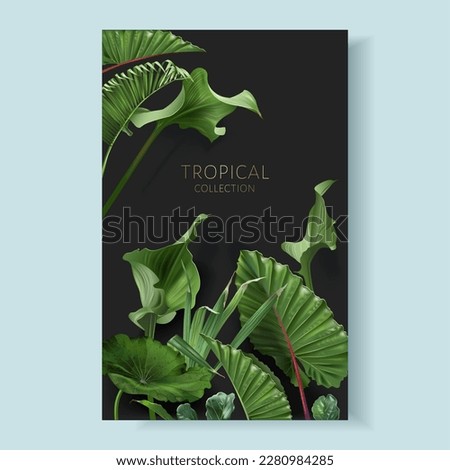 Vector vertical card with green tropical leaves on black background. Luxury exotic botanical design for cosmetics, wedding invitation, summer banner, perfume, beauty, travel, packaging design