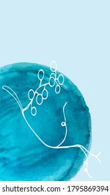 Vector vertical card with a place for text, with a watercolor spot and a white branch with berries on a light blue background. Stock vector illustration for design and decoration. Banners, invitations