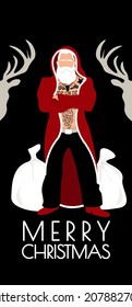 Vector vertical card poster congratulation merry christmas on a black background. Bad old santa claus with tattoos and a beard in a fur coat with a hood in full grouwth. Bags, deers. Illustration 
