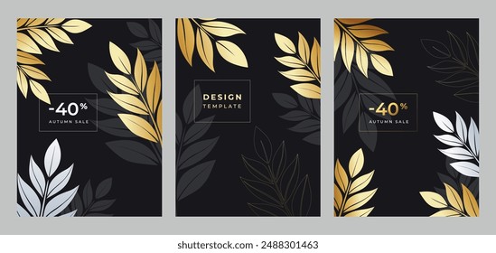 Vector vertical cards set with black and gold leaves on dark background. Luxury exotic botanical design for autumn sale, wedding ceremony. Can be used for cosmetics, spa, beauty salon
