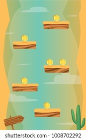 Vector vertical cartoon desert lanscape with dunes, pointer and cactus for game background with levels and coins