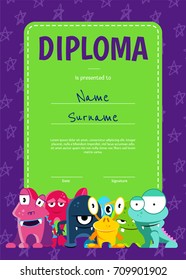 Vector vertical children diploma or certificate with crowd of cute cartoon monsters on stars background, Poster template illustration