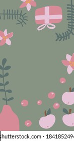 Vector vertical Christmas and New Year background with abstract elements and shapes in Boho style. Background for social media stories. Minimalist Mid century modern.