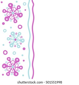 Vector vertical Christmas party design template with copy space (place for your text). Abstract Christmass illustration with violet snowflakes on white background.