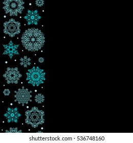 Vector vertical Christmas party design template with copy space (place for your text). Abstract Christmass illustration with neutral and blue snowflakes on black background.