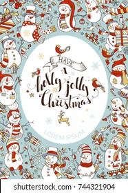 Vector vertical Christmas snowmen background. Snowmen with candy, gifts, baubles, Christmas sock, birds, ski, skate or garland. Music notes, stars and snowflakes. There is copy space in the center.
