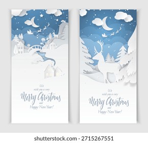Banner vertical vetor da teia de Natal com aldeia recortada de papel, snowdrifts, rio, abetos, veados e Papai Noel voando ao redor da Lua, adequado para sites de férias, publicidade e promoções festivas