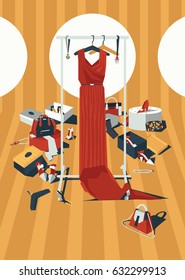 Vector vertical color fashion illustration with long red dress on hangers, drawn in mess of accessories, bags and shoes in geometric style. Creative interior design, good for shop and boutique.