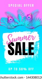 Vector vertical colorful pink and turquoise banner with tropical leaves and peacock feathers under wavy paper cut and text Summer Sale on white brush stroke. 