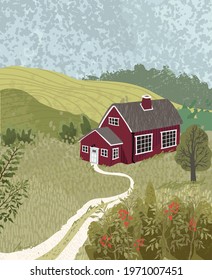 Vector vertical colorful textured illustration of nature landscape with a house in the Scandinavian style. Use it as background for poster, postcard, brochure, card, banner, graphic design