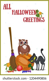 Vector vertical congratulatory poster for the holiday of Halloween with a black cat, pumpkin, broom and owl on white background with a place for the text.