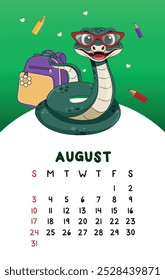Vector vertical cute August calendar 2025 year with cartoon green snake with with glasses and a backpack. Calendar week starts Sunday. Monthly organizer. Cute calendar template for printing