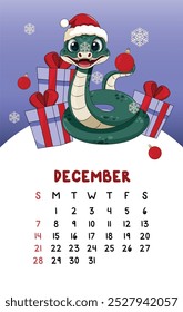 Vector Vertical lindo diciembre calendario 2025 año con linda serpiente verde de dibujos animados en el sombrero rojo de Santa Claus, bola de Navidad y caja de regalo. La semana del calendario comienza el domingo. Organizador mensual. Lindo calendario