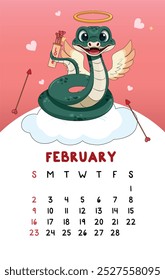 Vector vertical cute February calendar 2025 year with cartoon green snake with arrows, hearts, a cloud, wings and Cupid's halo. Calendar week starts Sunday. Monthly organizer. 