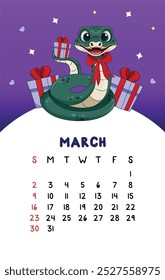 Vector vertical cute March calendar 2025 year with cartoon green snake with a red bow around his neck and gifts. Calendar week starts Sunday. Monthly organizer. Cute calendar template for printing
