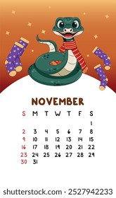Vector vertical cute November calendar 2025 year with cute cartoon green snake  in with a scarf and warm socks. Calendar week starts Sunday. Monthly organizer. Cute calendar template for printing