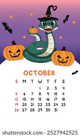 Vector vertical cute October calendar 2025 year with cute cartoon green snake  in with a witch's hat, pumpkins and bats. Calendar week starts Sunday. Monthly organizer. Cute calendar template