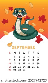 Vector vertical cute September calendar 2025 year with cute cartoon green snake with fall yellow leaves. Calendar week starts Sunday. Monthly organizer. Cute calendar template