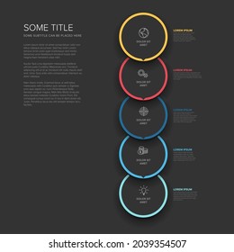 Esquema de diagrama de plantillas de progreso vertical oscuro de procesos vectoriales con cinco iconos y descripciones de pasos. círculos negros sobre fondo oscuro con marcos de borde de color y flecha minimalista