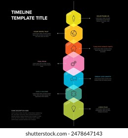 Vektorgrafik vertikale Dark Time Line Infochart Vorlage mit hervorgehobenen vertikalen Meilenstein-Elementen mit Symbolen und Jahreszahlen in farbtransparenten Blockintervallen Beschreibungen und Titel Infografik