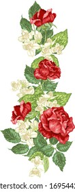 Vector vertical decor element with rose and jasmine flowers