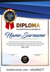 Vector vertical diploma template with line pattern and luxury gold award emblem, International standard certificate.