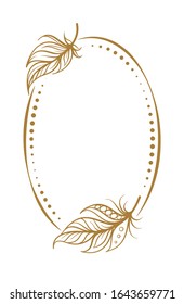 Vector vertical dotted oval frame frame with boho style feathers decoration