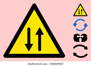 Vector vertical exchange flat warning sign. Triangle icon uses black and yellow colors. Symbol style is a flat vertical exchange attention sign on a pink background.