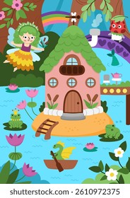 Vector vertical fairyland background with swamp fairy house. Magic land landscape. Woodland scenery with princess, enchanted forest, river, bridge, frogs, mermaid tail. Fantasy scene illustration

