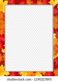 Vector vertical fame, border with fallen autumn leafage on transparent background with copy space for text. Abstract autumnal template with maple leaves. Fall season greeting card, invitation, flyer.