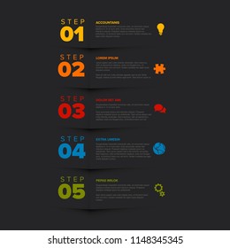 Vector vertical five steps progress template with descriptions and icons - dark version