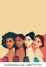 Vector vertical flat modern illustration of four women of different nationalities and cultures. International Women's Day banner concept. Movement for gender equality and women's empowerment