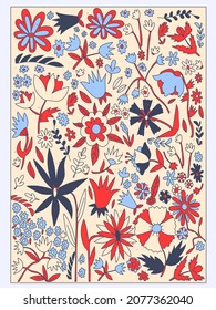 vector vertical floral poster. Vintage interior poster in rustic and cottagecore style.Painting with a pattern of small wildflowers, plants, leaves.Panel in a country house. Social media stories