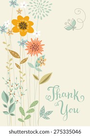 Vector vertical floral thank you card with butterfly.