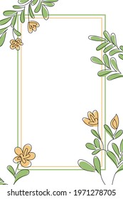 vector vertical flower frame. Line art. Green and orange branch