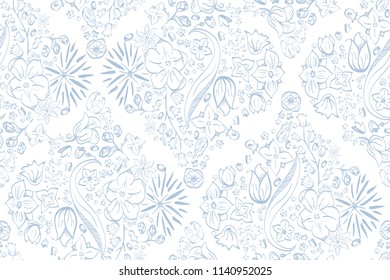 Vector Vertical Flowerly Tiles in white and blue seamless pattern background. Perfect for fabric, scrapbooking and wallpaper projects.