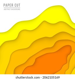 Volante vertical vectorial con forma de onda de corte de papel. Colores amarillos de moda. Líneas onduladas. Efecto de corte de papel. Diseño original 3d.