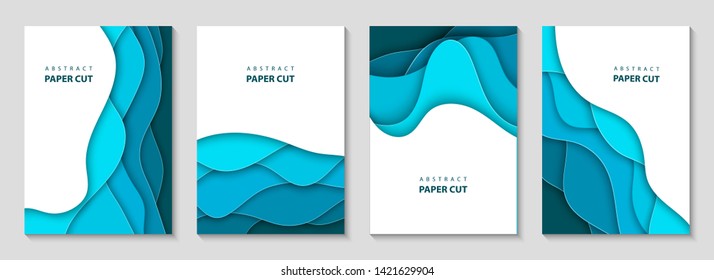 Vector vertical flyers with blue paper cut waves shapes. 3D abstract paper style, design layout for business presentations, flyers, posters, prints, decoration, cards, brochure cover, banners. 