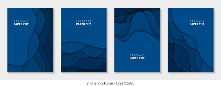 Vector vertical flyers with blue paper cut waves shapes. 3D abstract paper style, design layout for business presentations, flyers, posters, prints, decoration, cards, brochure cover, banners. 