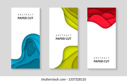 Vector vertical flyers with colorful paper cut waves shapes. 3D abstract paper style, design layout for business presentations, flyers, posters, prints, decoration, cards, brochure cover, banners.