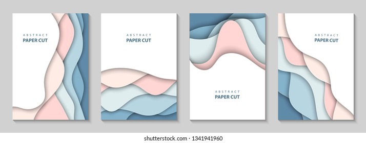 Vector vertical flyers with colorful paper cut waves shapes. 3D abstract paper style, design layout for business presentations, flyers, posters, prints, decoration, cards, brochure cover, banners. 