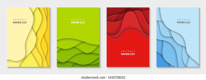 Vector vertical flyers with colorful paper cut waves shapes. 3D abstract paper style, design layout for business presentations, flyers, posters, prints, decoration, cards, brochure cover, banners.