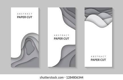 Vector vertical flyers with gray color paper cut waves shapes. 3D abstract paper style, design layout for business presentations, flyers, posters, prints, decoration, cards, brochure cover, banners.